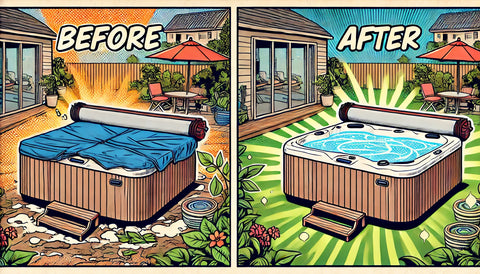 comic book-style image showing a hot tub before and after being covered, with the uncovered side showing leaves and dirt, and the covered side being clean, sparkling, and protected.