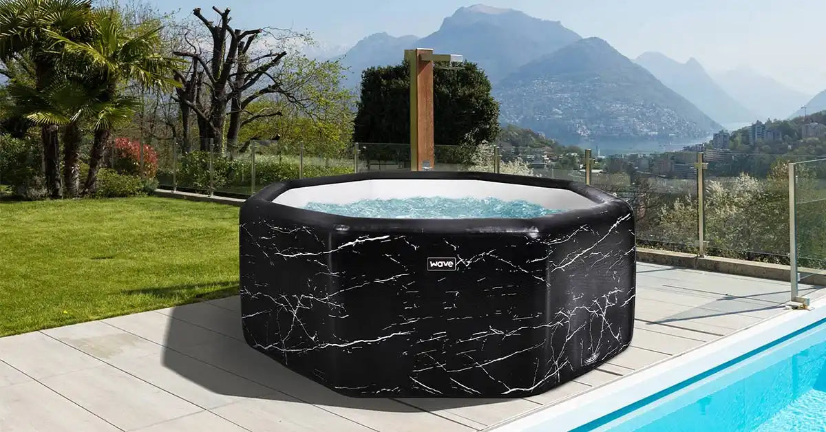 Black marble-patterned inflatable hot tub.