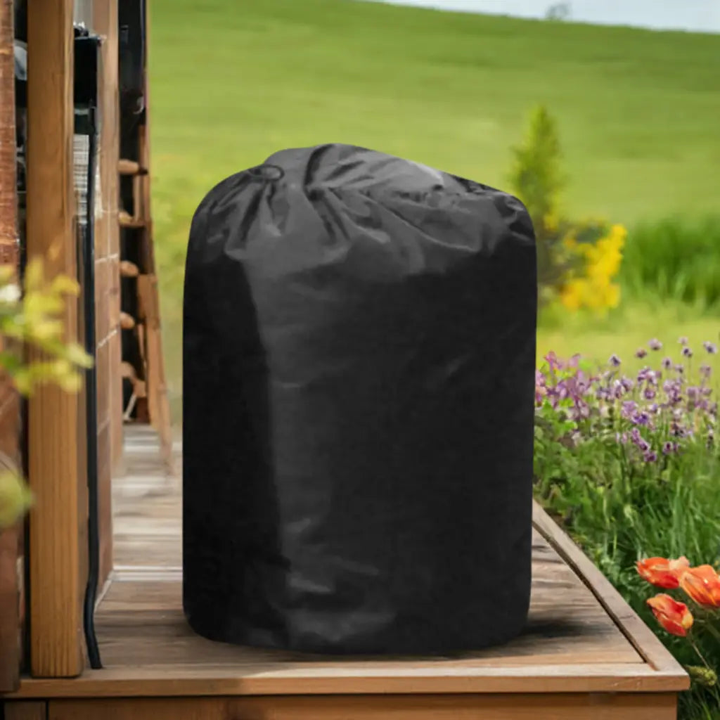 Black Insulated Pump Cover For Cozy Spa Smart Pump On Wooden Bench