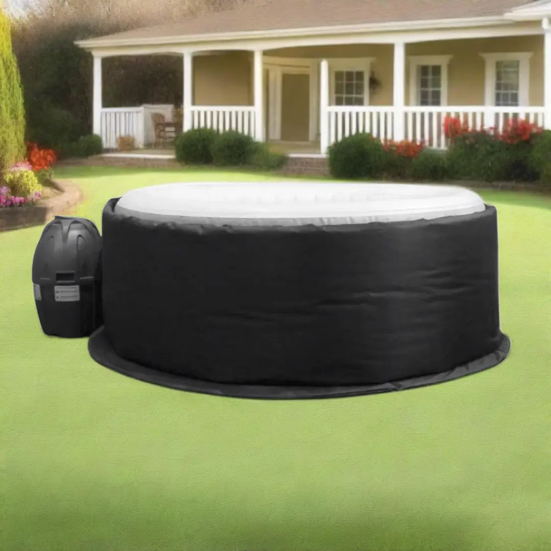 A Black And White Cover For The Hot Tub On a Green Lawn - Custom Hot Tub Insulated Jacket