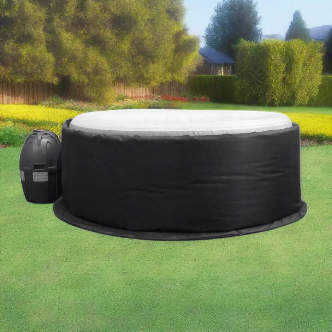 Custom Hot Tub Insulated Jacket On a Green Lawn With a Sleek Black Cover