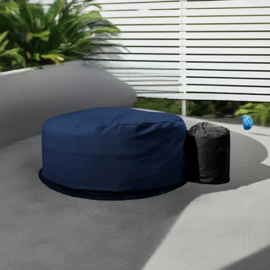 Blue Bean Bag On Patio Next To Deluxe Leather Hot Tub Cover For Ultimate Relaxation
