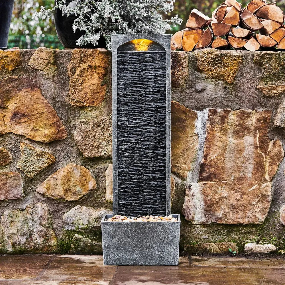 Elegant Hot Tub Fountain: Black Slate And Stone Base For a Serene Ambiance