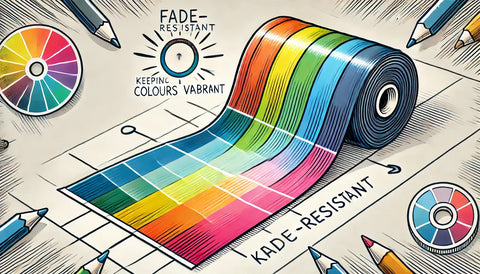 a color swatch or spectrum that transitions from bright and vibrant to dull greys, with a dividing line representing fade-resistant technology keeping the vibrant colors in place