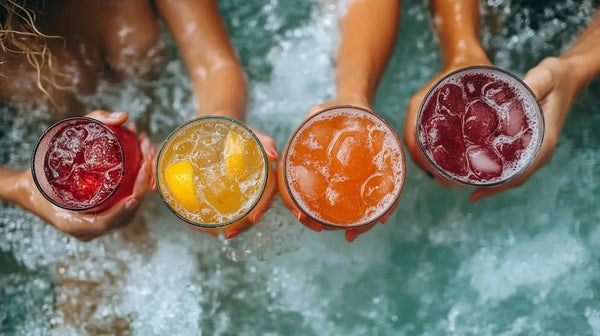 Four colorful iced drinks above water, highlighting the social perks of a well-insulated hot tub.