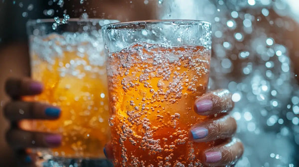 Fizzy orange drink in a glass symbolizing refreshment for a well-insulated hot tub social life