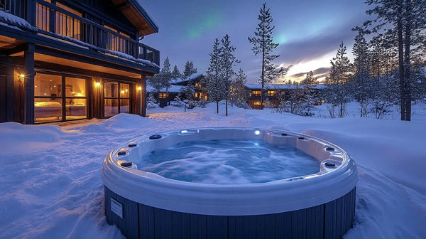 Circular hot tub with steaming water surrounded by snow enhances social life in winter.