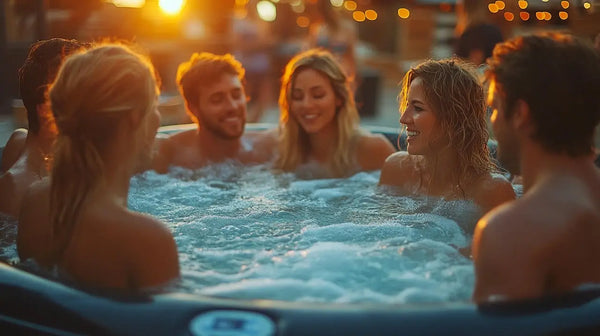 People enjoying a well-insulated hot tub at sunset, enhancing their social life.