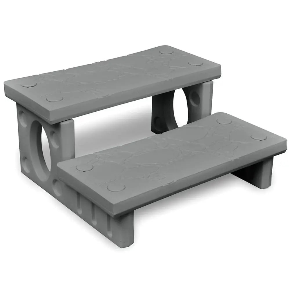 Grey Plastic Bench With Black Non-skid Seat For White Spa Steps, Ideal For Safe Spa Entry