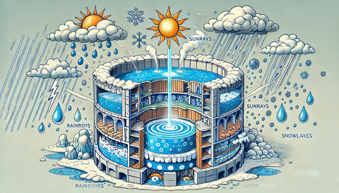 a hot tub as a fortress-like structure, with layers deflecting various weather elements and maintaining heat at the core.