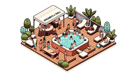 Vector design of an outdoor setting with a hot tub and a wooden deck. People of diverse descents and genders are enjoying the tub, while others are mingling around.