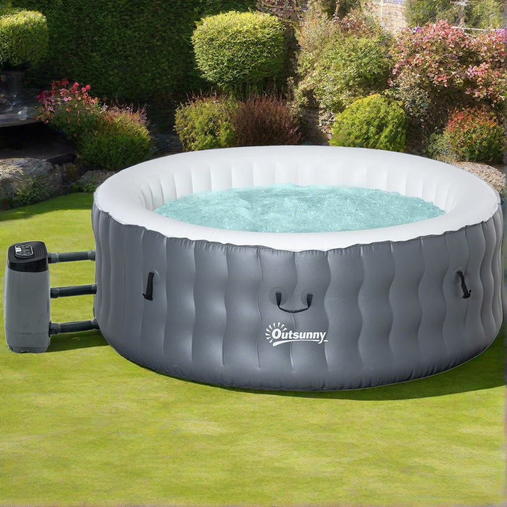 Outsunny - Round Inflatable Hot Tub Bubble Spa W/ Pump Cover 4 Person Light Grey | Easy Set - up & Advanced Heat