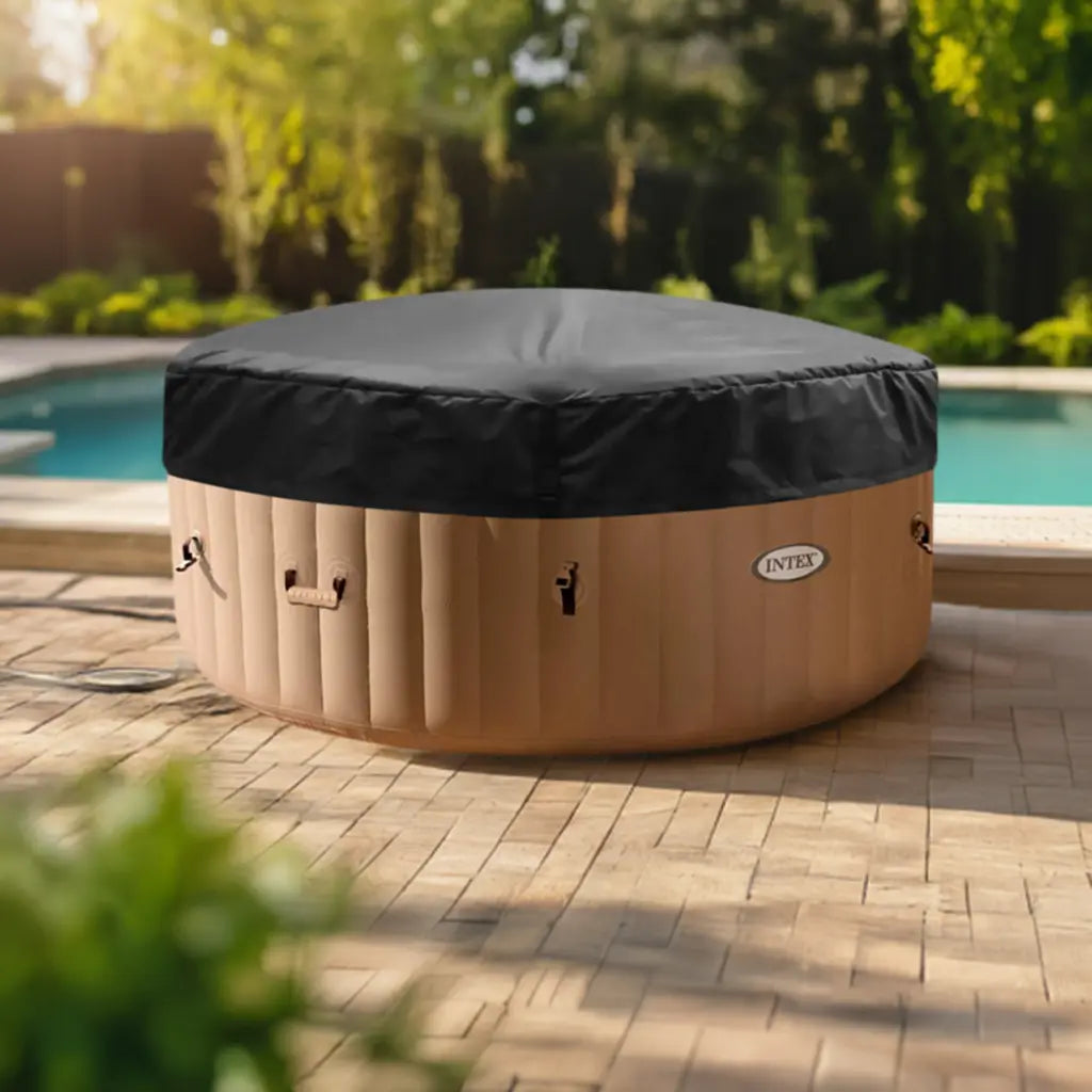 Intex Purespa Bubble Hot Tub With Insulated Lid On Patio Beside Pool