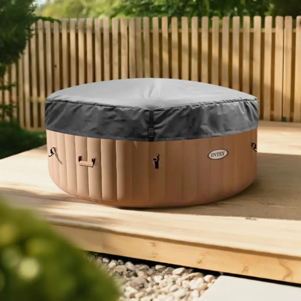 Intex Purespa Hot Tub With Insulated Lid On a Wooden Deck For Energy-efficient Relaxation