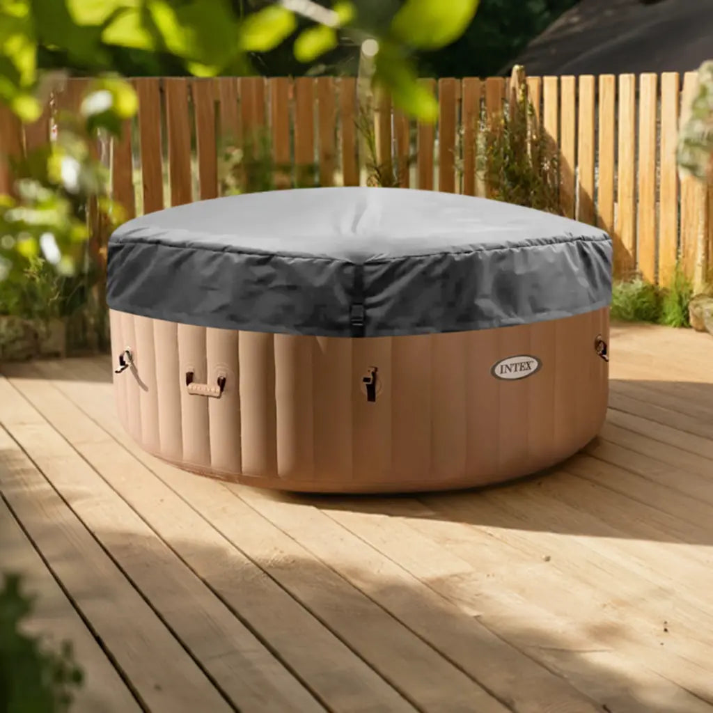 Intex Purespa Hot Tub On a Wooden Deck With The Insulated Lid For Intex Purespa Hot Tubs