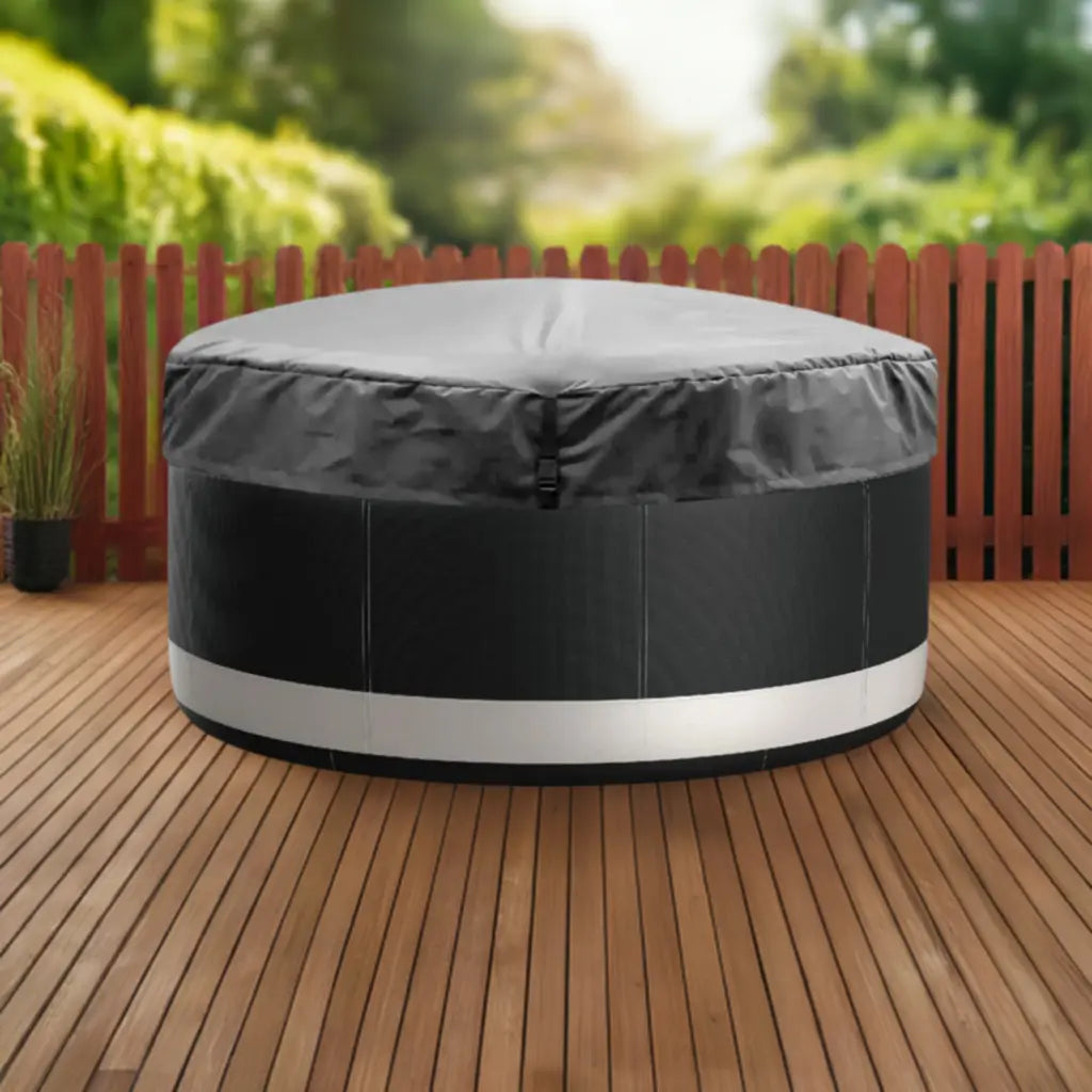 Insulated Thermal Cover For Hot Tub On Wooden Deck With Our Dark Gray Lid For Mspa