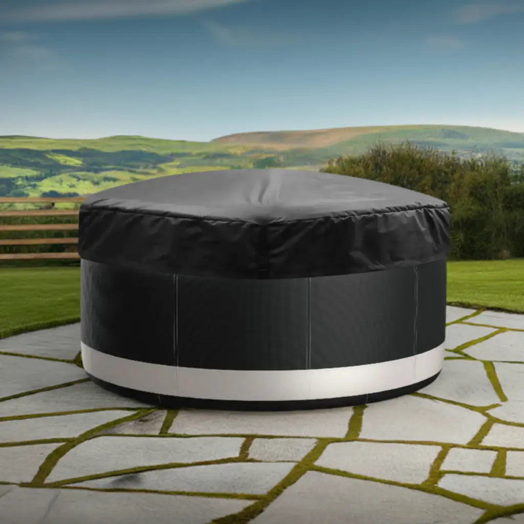 Inflatable Hot Tub With Our Thermal Cover On a Patterned Patio For Mspa Hot Tubs