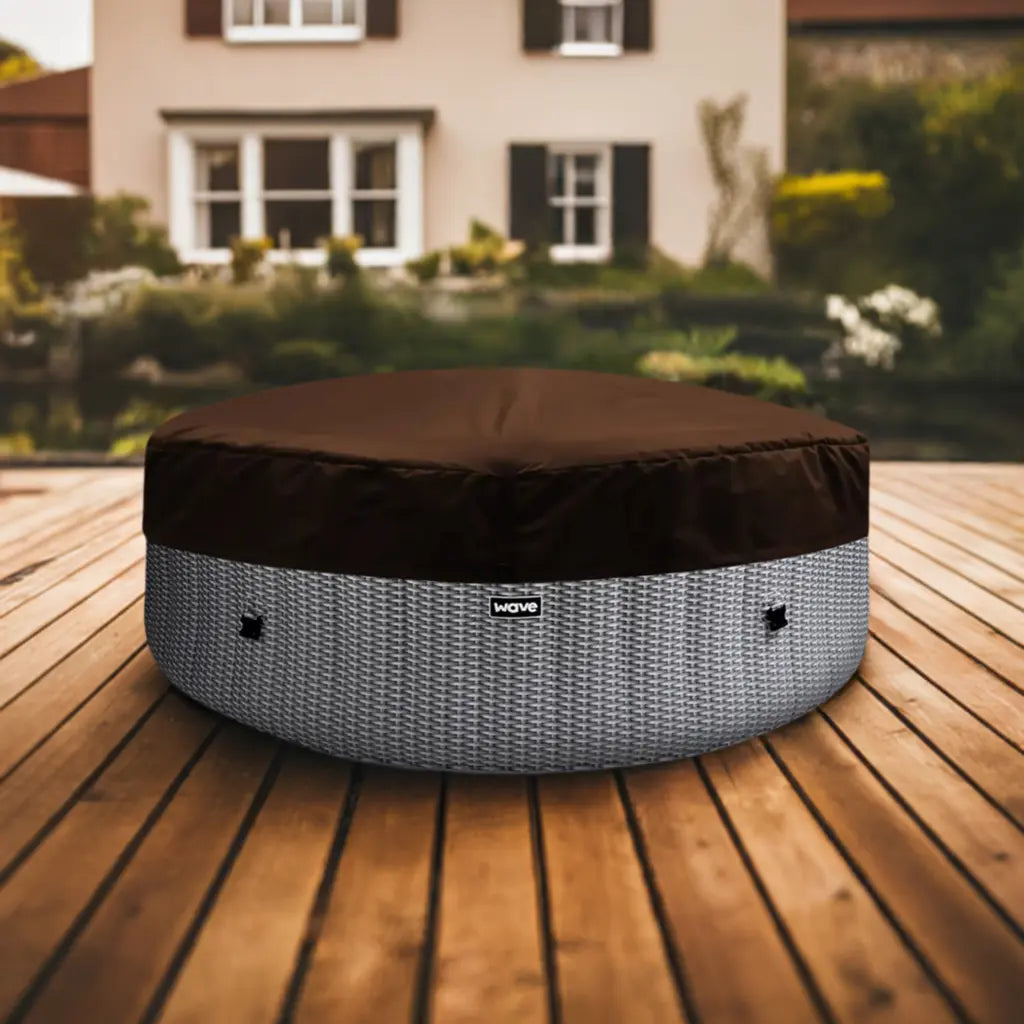 Dog Bed On Wooden Deck Near Insulated Lid For Wave Spa Atlantic Hot Tubs