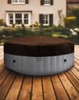 Dog Bed On Wooden Deck Near Insulated Lid For Wave Spa Atlantic Hot Tubs