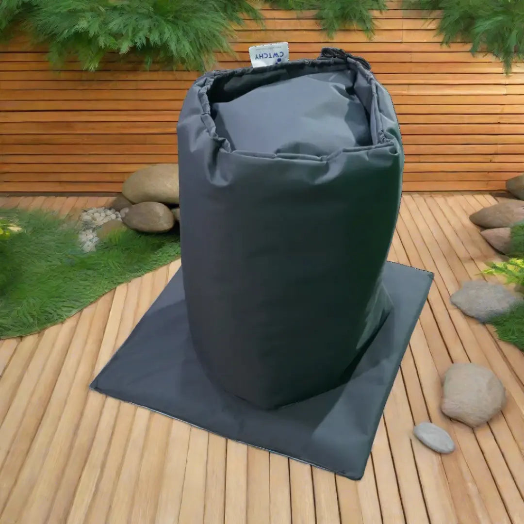 Insulated Pump Cover: a Black Bag On a Wooden Deck For Cosy Spa Smart Pump Protection