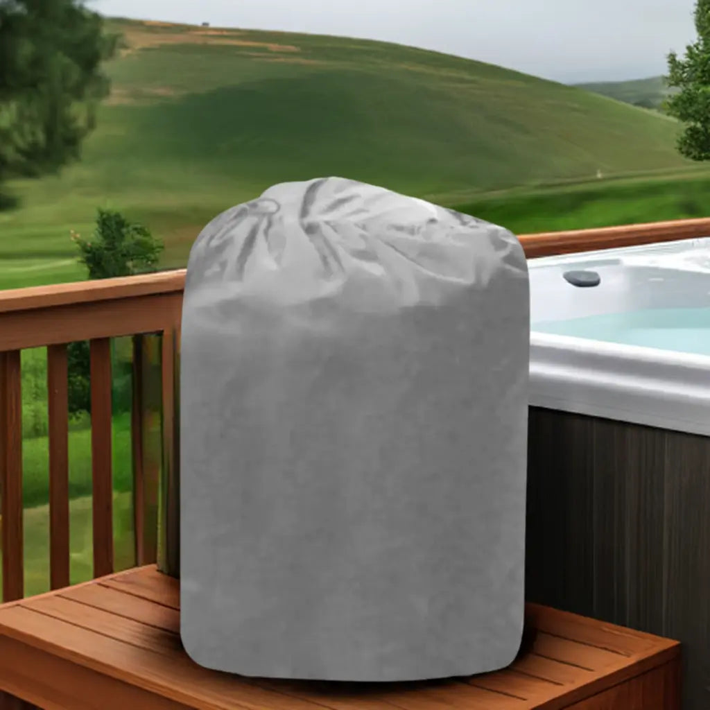 A Hot Tub On a Wooden Deck With An Insulated Pump Cover For The Egg Pump