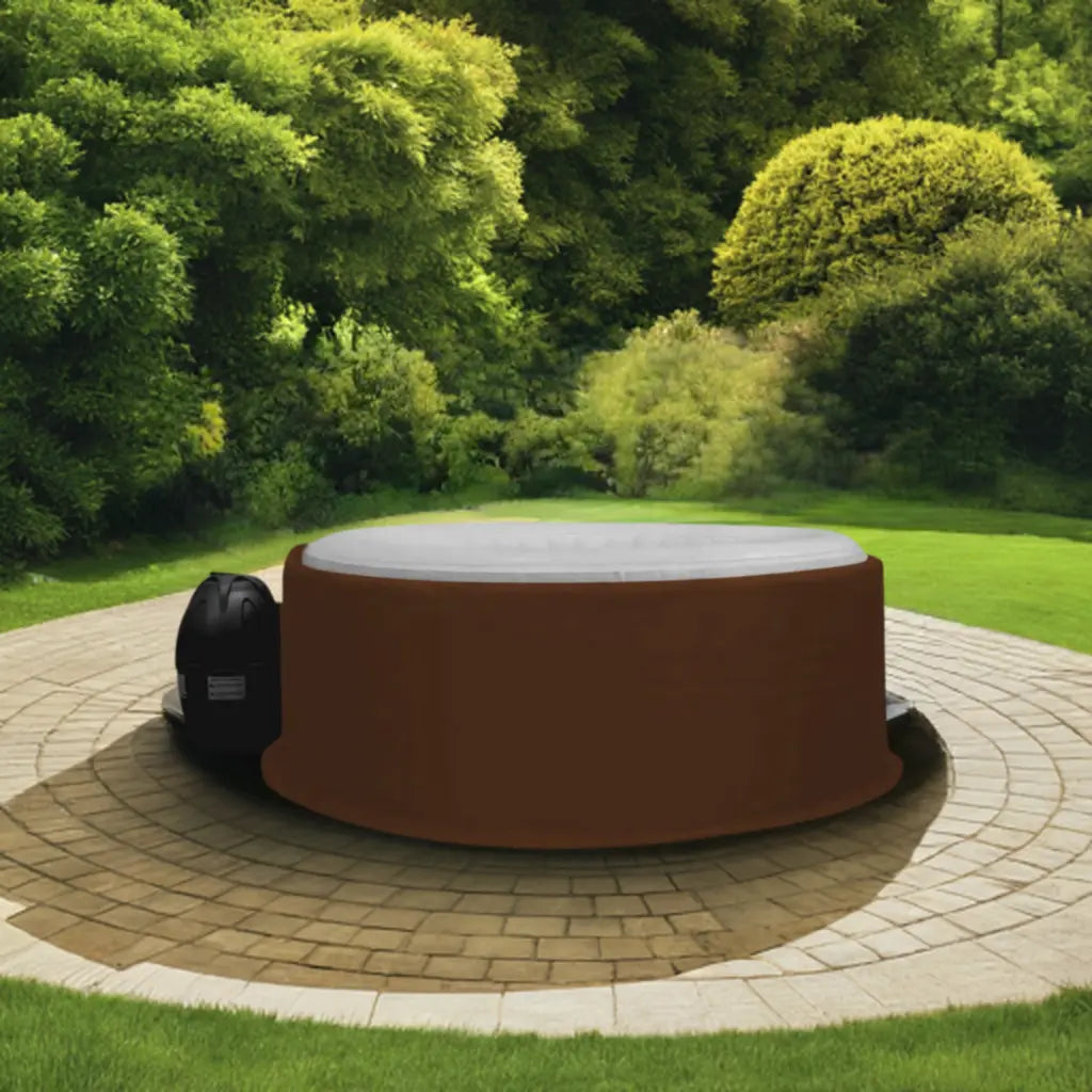 Circular Brown Hot Tub With White Interior On Paved Patio Featuring Insulated Hot Tub Jacket