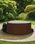 Circular Brown Hot Tub With White Interior On Paved Patio Featuring Insulated Hot Tub Jacket