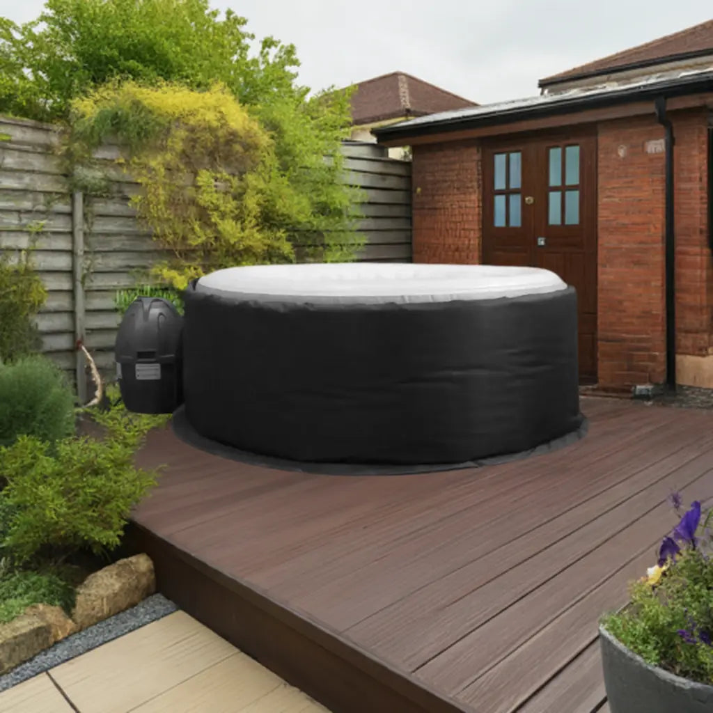 Inflatable Hot Tub On a Wooden Deck Featuring Insulated Hot Tub Jacket For Canadian Spa