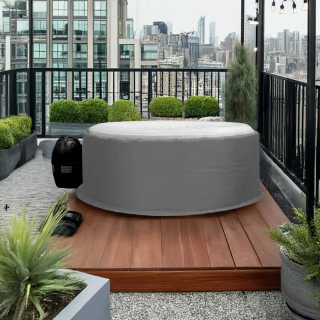 Canadian Spa Pacific Hot Tub On Wooden Deck With Inflatable Insulated Hot Tub Jacket