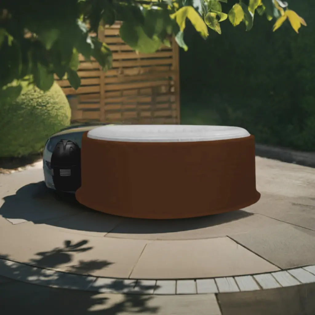 Circular Brown Hot Tub With White Top On Tiled Patio, Insulated Hot Tub Jacket For Canadian Spa