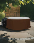 Circular Brown Hot Tub With White Top On Tiled Patio, Insulated Hot Tub Jacket For Canadian Spa