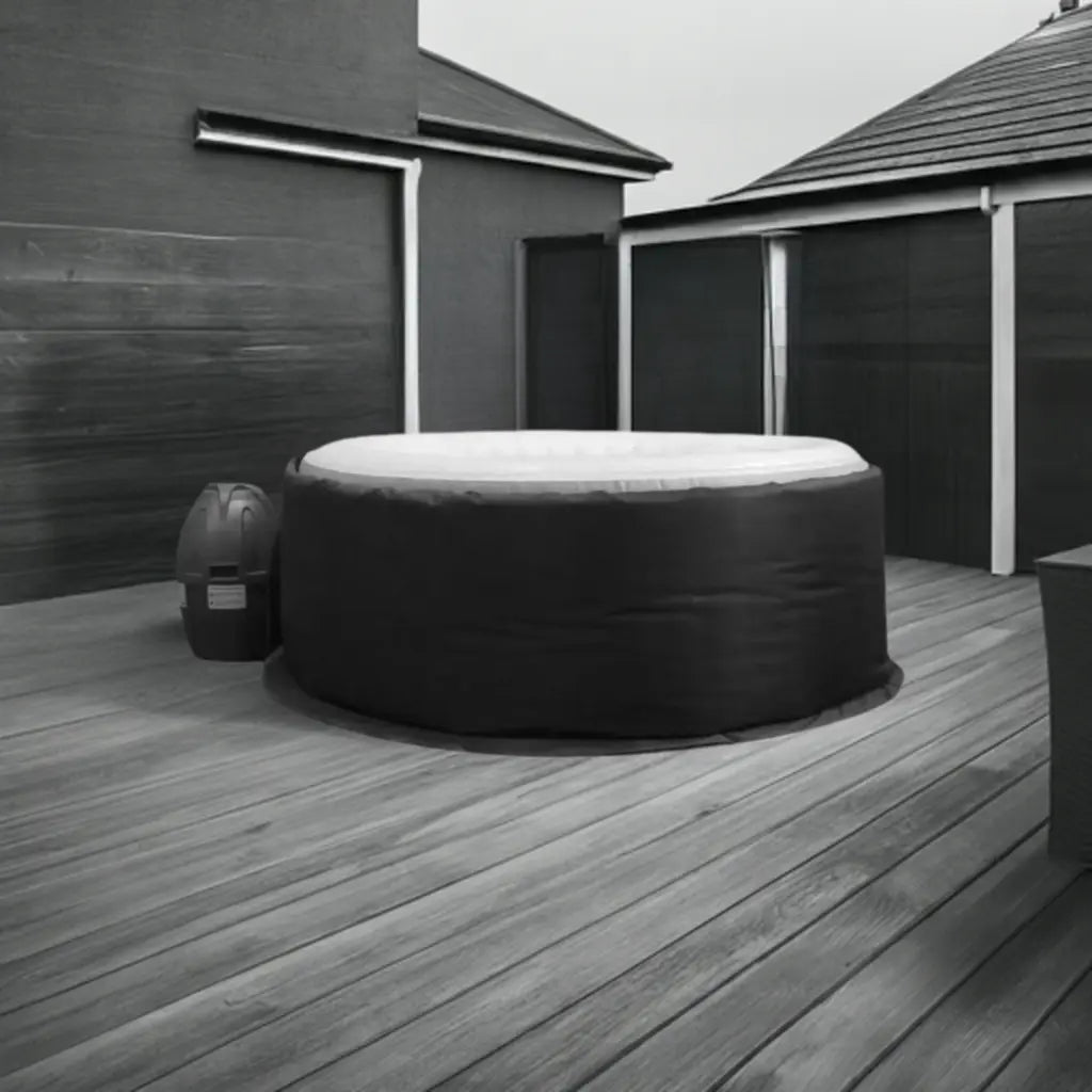 Inflatable Hot Tub On Wooden Deck With Insulated Jacket By Canadian Spa For Added Warmth