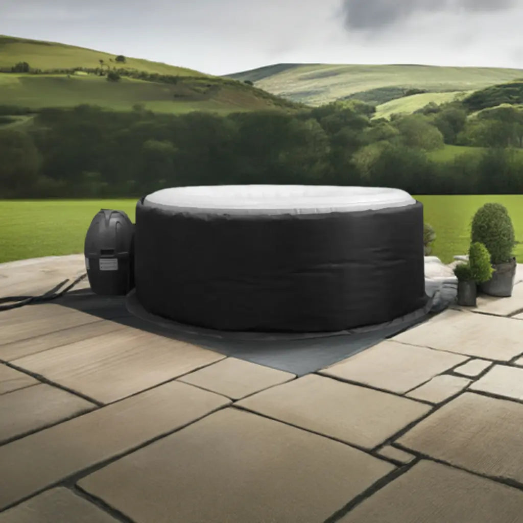 Inflatable Black Hot Tub By Canadian Spa With Insulated Hot Tub Jacket On Stone Patio