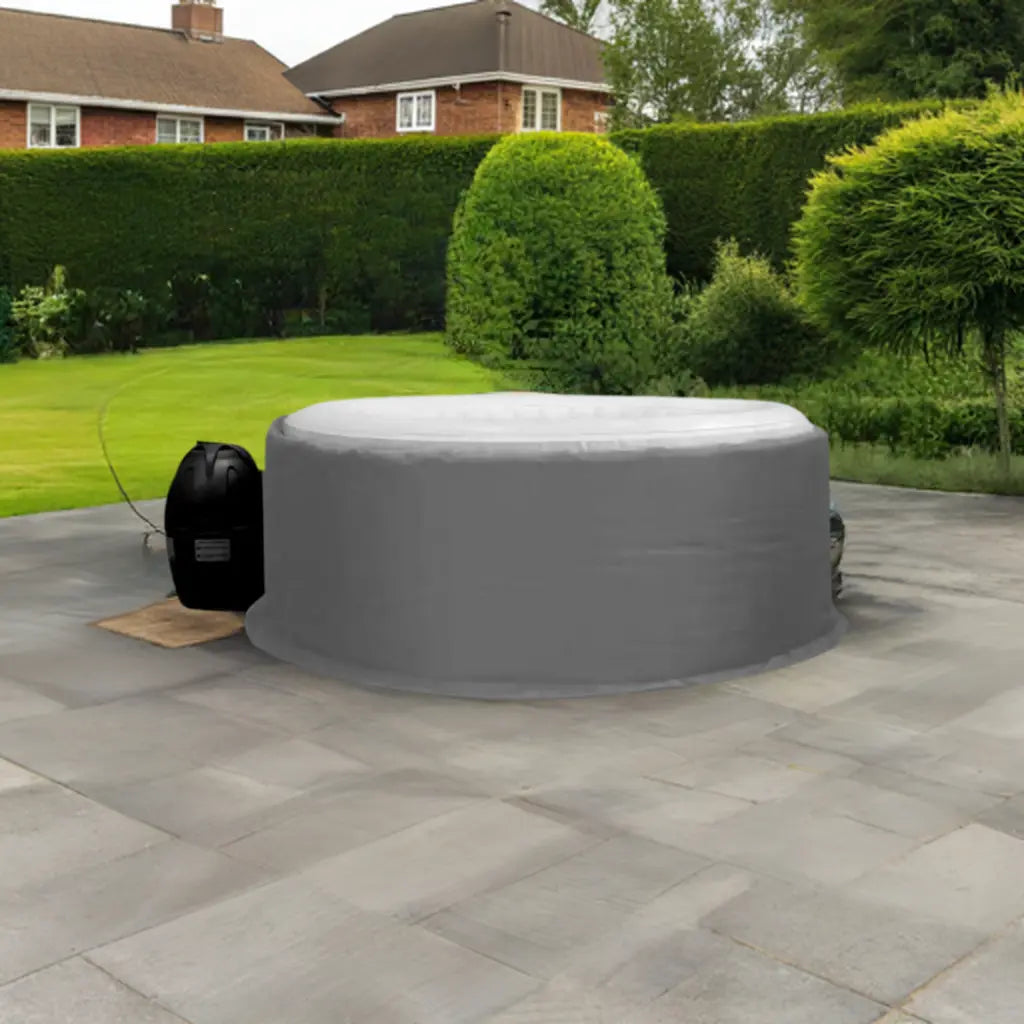 Inflatable Hot Tub With Gray Cover On Paved Patio Using Insulated Hot Tub Jacket For Cleverspa
