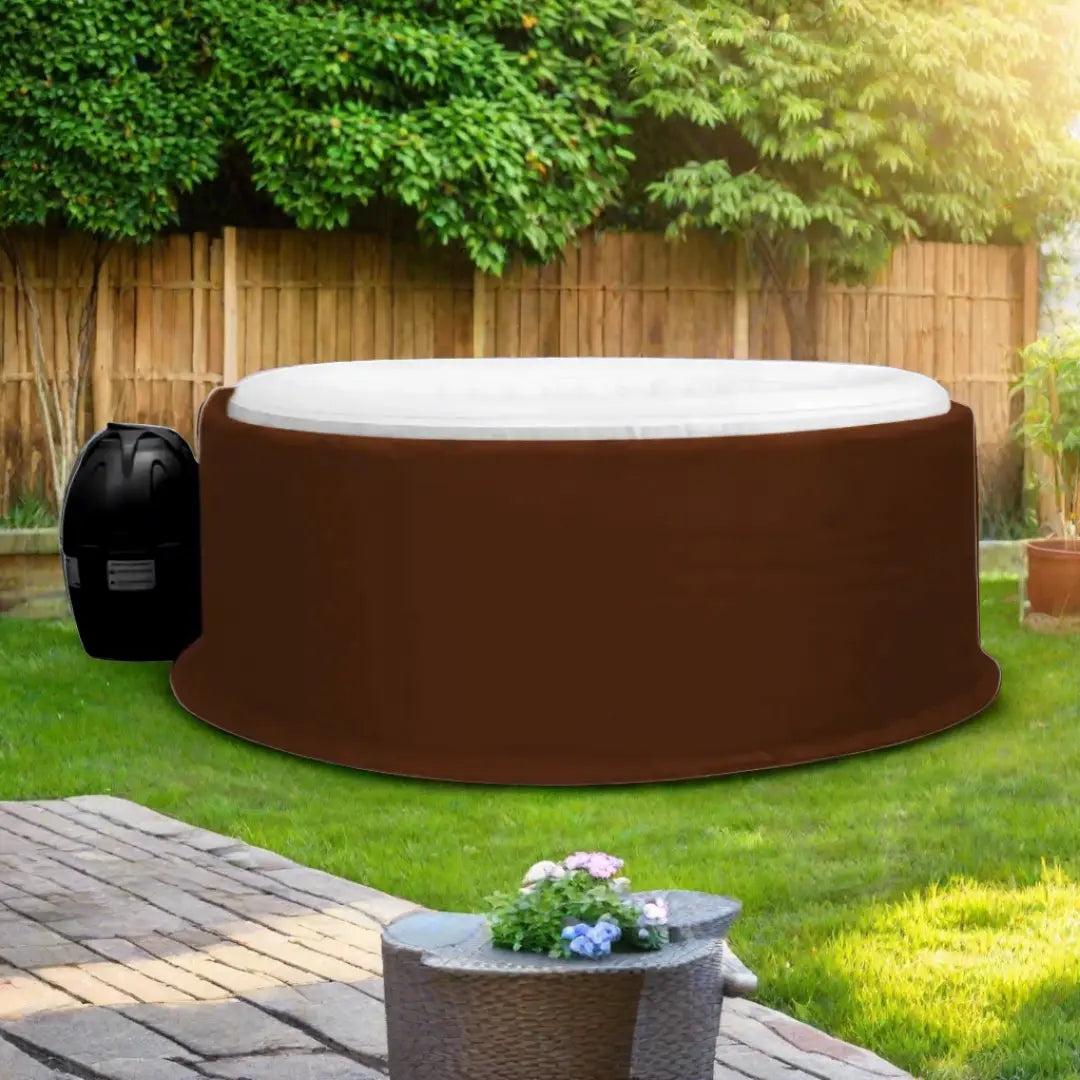 Brown Round Insulated Hot Tub Cover On Patio, Mspa Thermal Wrap For Energy Efficiency