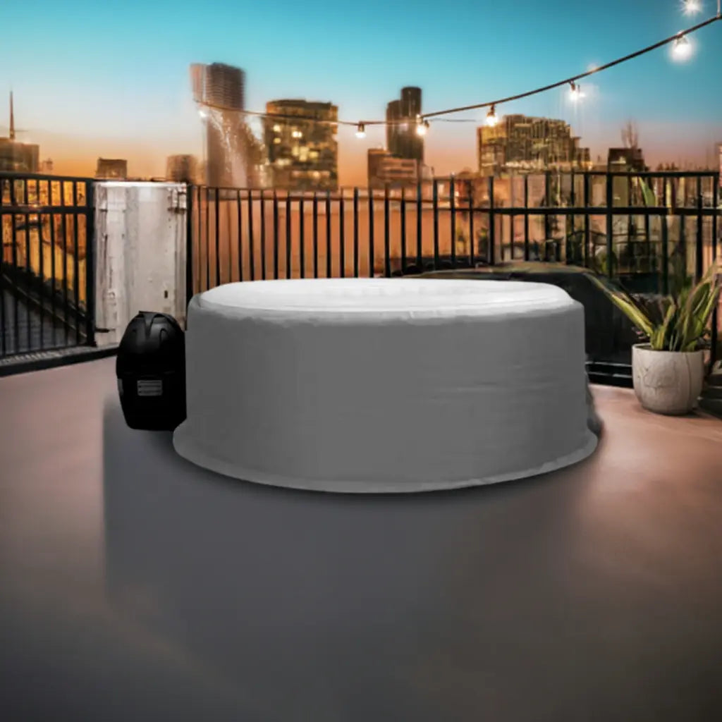 White Circular Inflatable Hot Tub On a Balcony With Insulated Hot Tub Jacket By Wave Spa