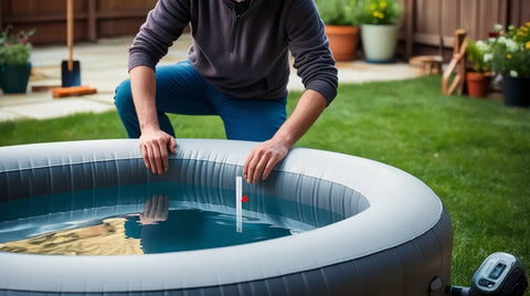 a man kneeling beside an inflatable hot tub, carefully checking and adjusting the water level