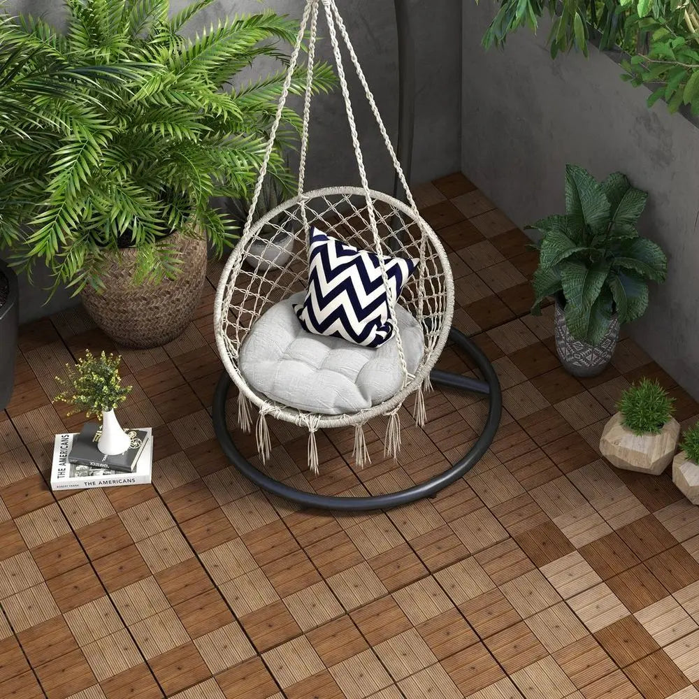 Hanging Chair With Cushion And Plant Next To Outsunny Interlocking Flooring Tiles For Hot Tub