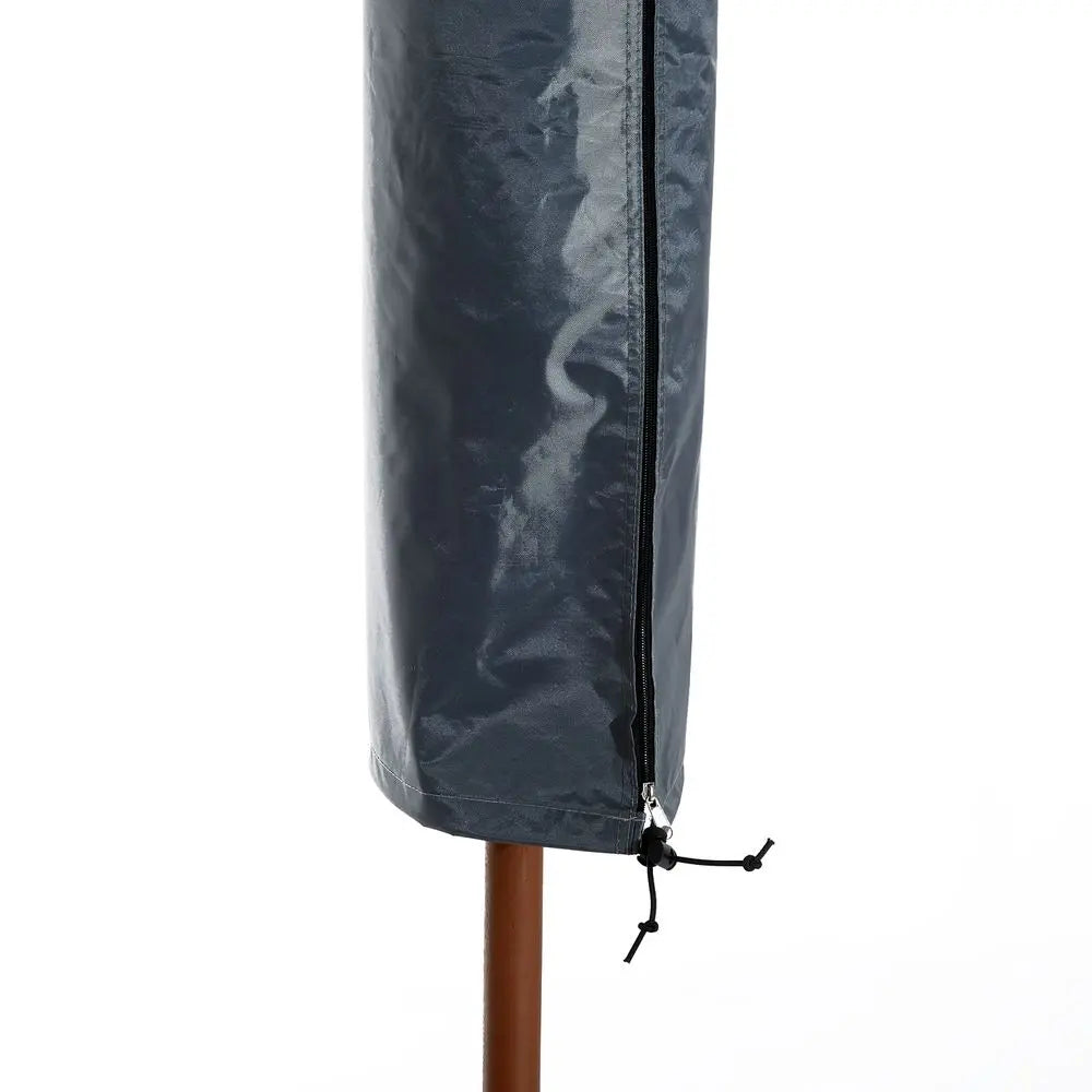 Blue Leather Umbrella With Wooden Handle Under Grey Waterproof Cover For Garden Offset Umbrella