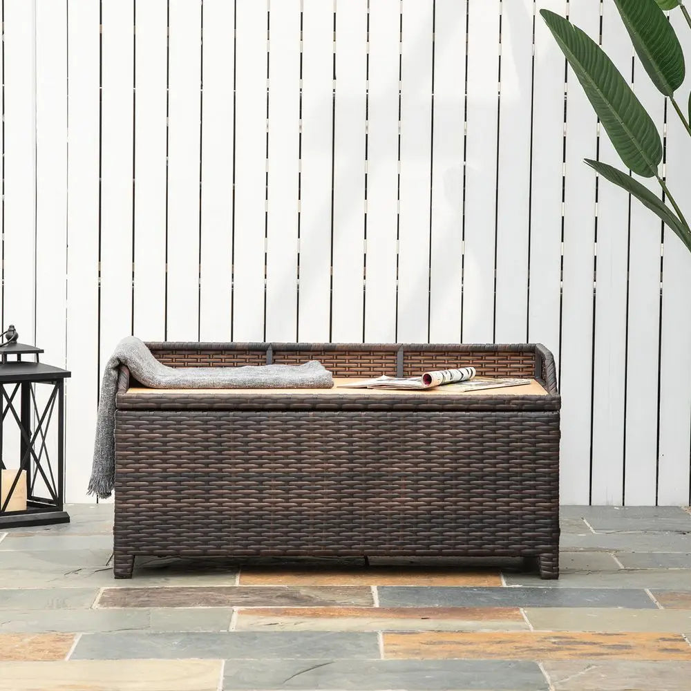 Close-up Of a Rattan Hot Tub Storage Bench With a Cozy Blanket, Featuring Ample Storage