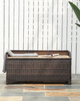 Close-up Of a Rattan Hot Tub Storage Bench With a Cozy Blanket, Featuring Ample Storage