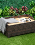 Rattan Hot Tub Storage Bench With Ample Storage And a Cozy Blanket On a Wicker Basket