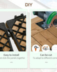 Close-up Of Person Using a Circular Saw To Cut Durable Interlocking Wooden Decking Tiles Set