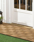 Durable Interlocking Decking Tiles With Lantern On Wooden Deck And Lush Green Grass