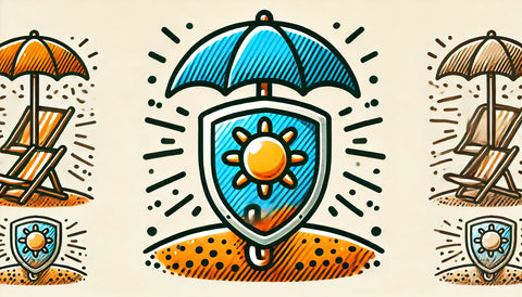 cartoon-style illustrations depicting UV protection with a shield or umbrella blocking the harsh rays of a stylized sun