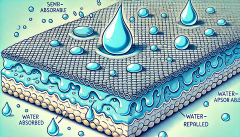 cartoon-style illustration of a semi-permeable membrane or fabric with water droplets partially absorbed and partially repelled, depicting the "middle ground" nature of water-resistant materials.