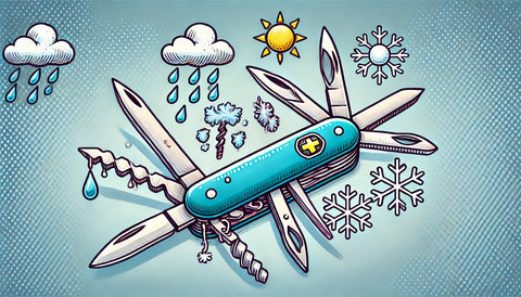 illustration of a Swiss Army knife with miniature symbols representing different weather conditions emerging from it, capturing the versatility of weatherproof items