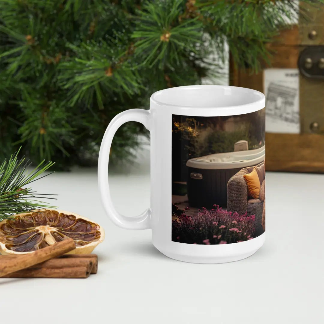 Cap’n Cwtch’s Cozy Comfort Mug With a Serene Outdoor Seating And Flowers Image