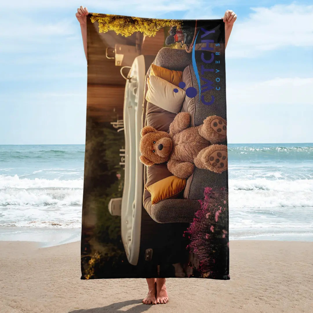 Cwtchy Covers Hot Tub Towel With Cozy Interior Scene Of Stuffed Animals On a Couch