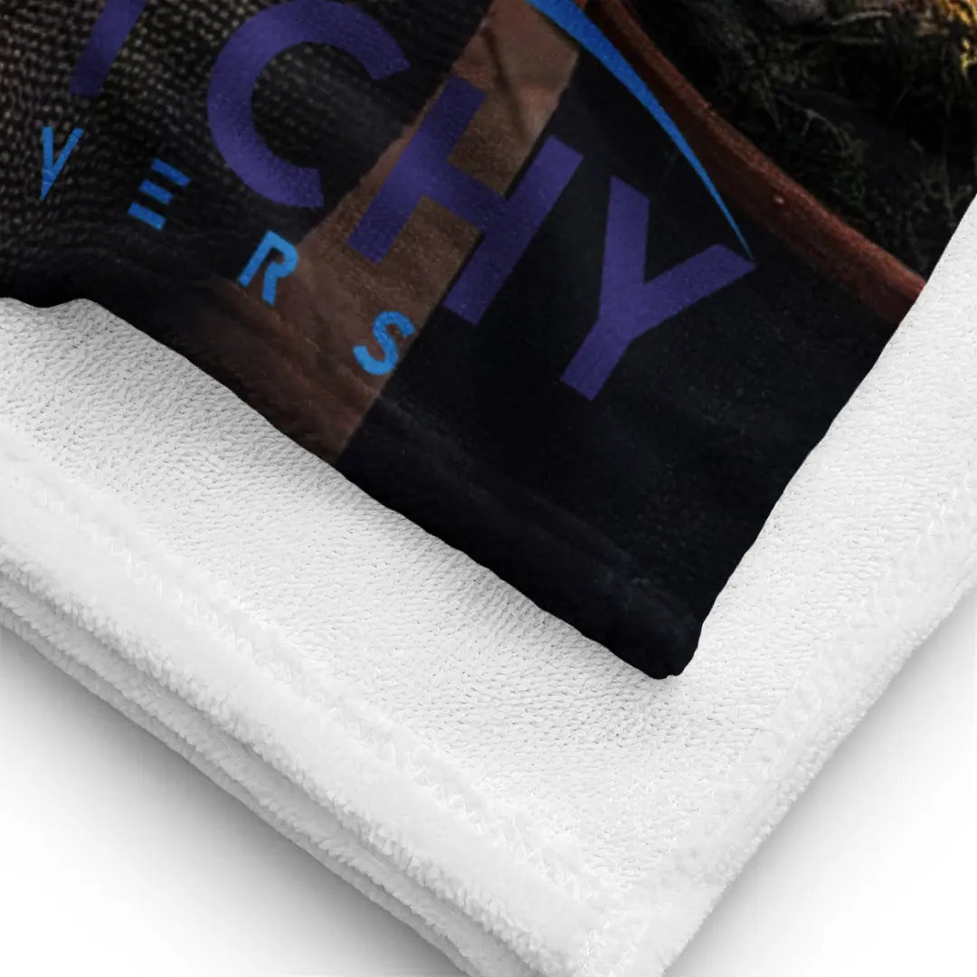 Cwtchy Covers Hot Tub Towel With Black Fabric Detail And Blue Text On White Cloth